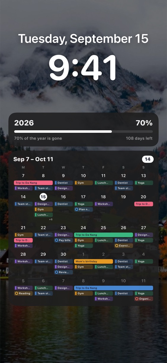 Lock Screen with year progress and a calendar of events and tasks
